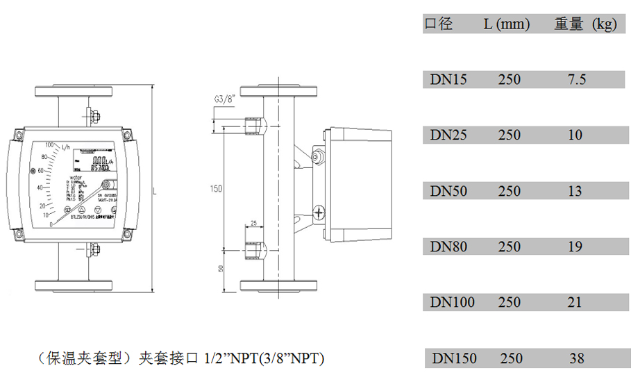金屬管浮子流量計(jì)夾套型外形尺寸及重量 金屬管浮子流量計(jì)夾套型外形尺寸及重量